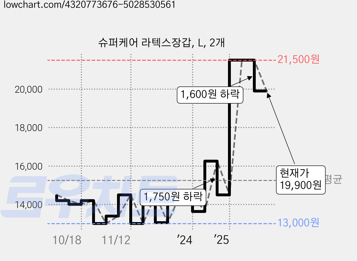 슈퍼케어 라텍스장갑, L, 2개 가격 변동 차트, 현재가 16,900원, 관측 최저가 13,000원