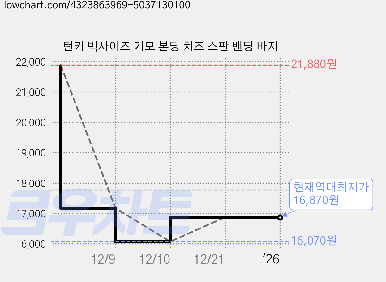 턴키 빅사이즈 기모 본딩 치즈 스판 밴딩 바지 가격 변동 차트, 현재가 16,870원, 역대최저가