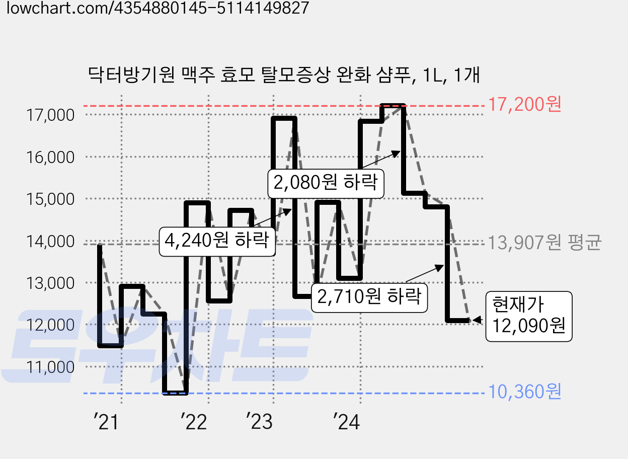 닥터방기원 맥주 효모 탈모증상 완화 샴푸, 1L, 1개 가격 변동 차트, 현재가 12,090원, 관측 최저가 10,350원