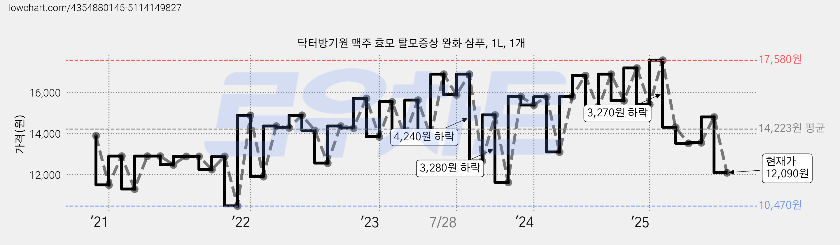 닥터방기원 맥주 효모 탈모증상 완화 샴푸, 1L, 1개 가격 변동 차트, 현재가 12,090원, 관측 최저가 10,350원