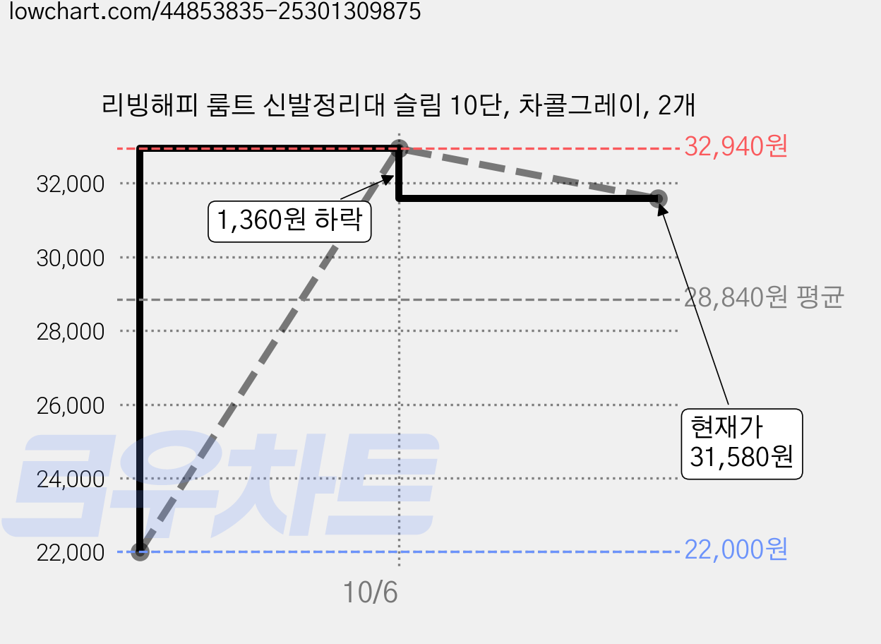 리빙해피 룸트 신발정리대 슬림 10단, 차콜그레이, 2개 가격 변동 차트, 현재가 31,580원, 관측 최저가 22,000원