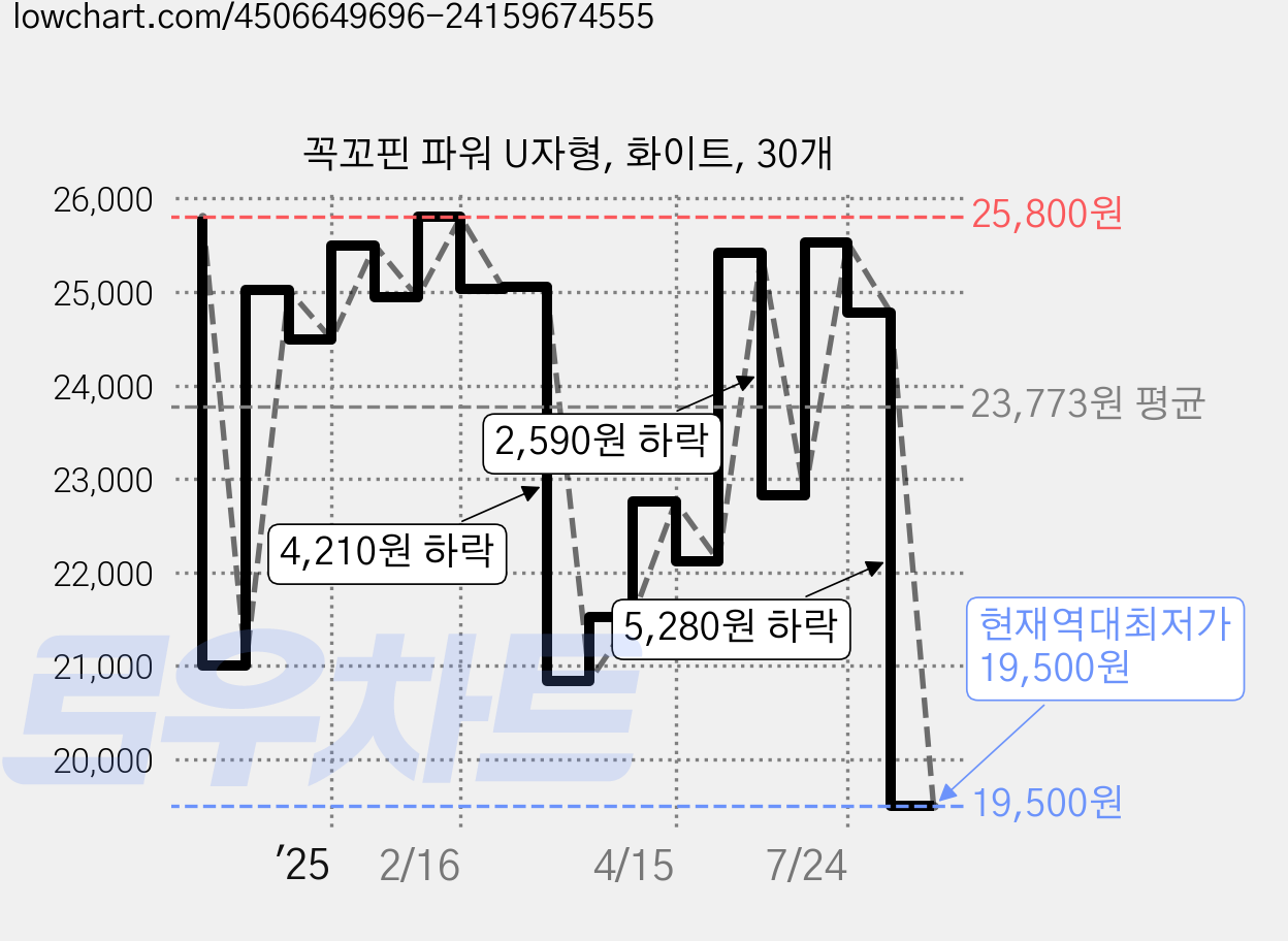 꼭꼬핀 파워 U자형, 화이트, 30개 가격 변동 차트, 현재가 19,500원, 역대최저가