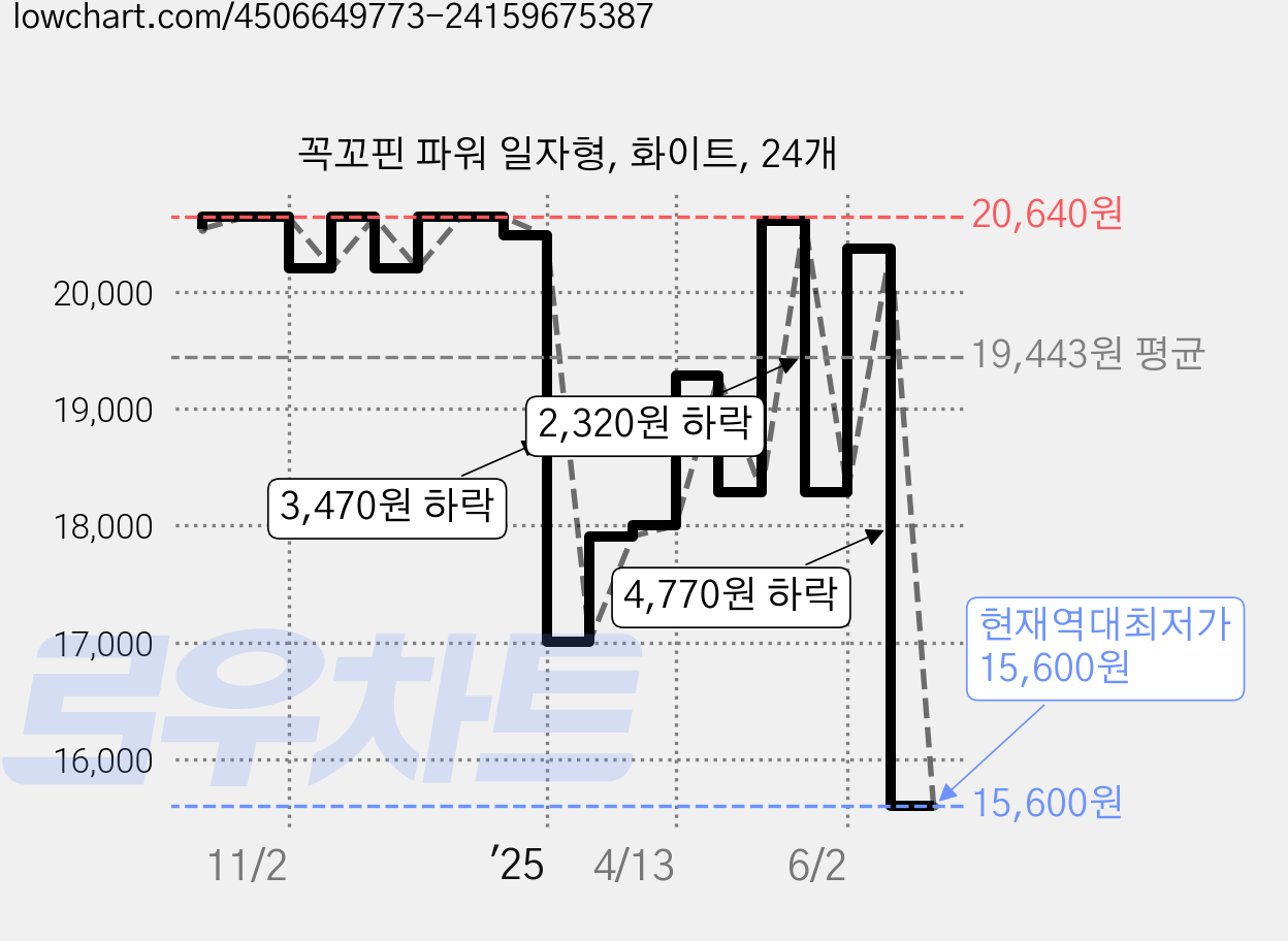 꼭꼬핀 파워 일자형, 화이트, 24개 가격 변동 차트, 현재가 15,600원, 역대최저가