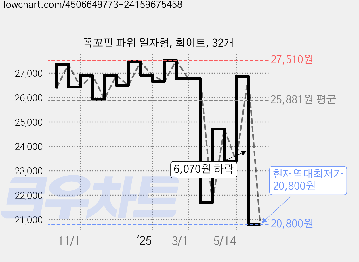 꼭꼬핀 파워 일자형, 화이트, 32개 가격 변동 차트, 현재가 20,800원, 역대최저가