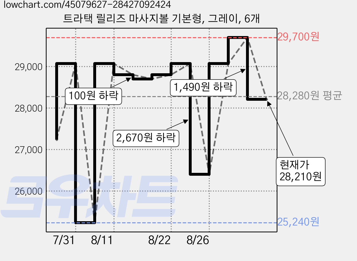 트라택 릴리즈 마사지볼 기본형, 그레이, 6개 가격 변동 차트, 현재가 28,210원, 관측 최저가 25,240원