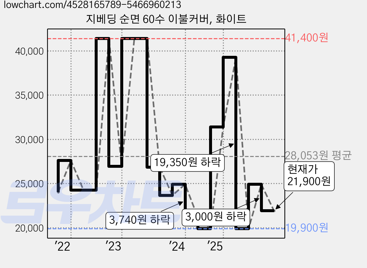 지베딩 순면 60수 이불커버, 화이트 가격 변동 차트, 현재가 21,900원, 관측 최저가 19,900원