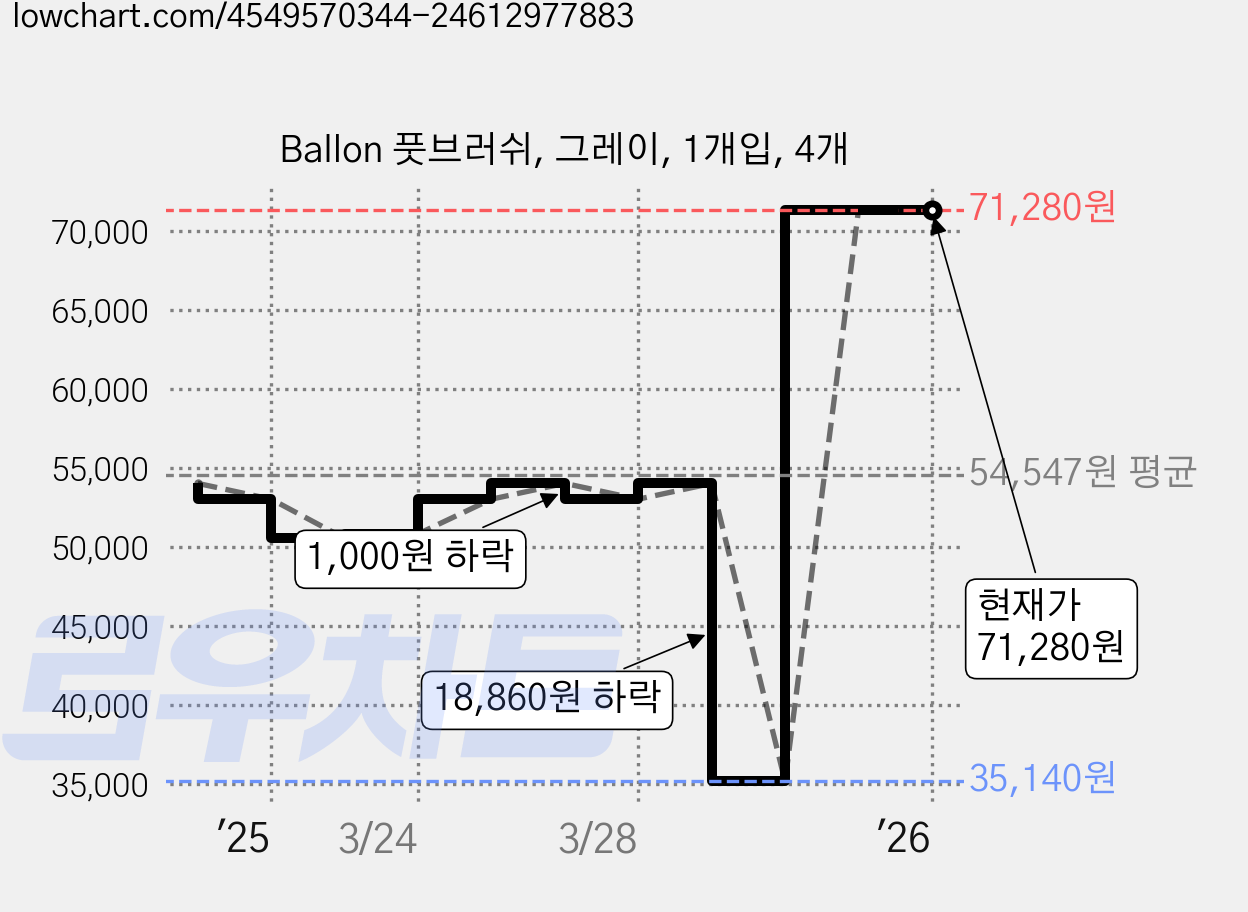 Ballon 풋브러쉬, 그레이, 1개입, 4개 가격 변동 차트, 현재가 71,280원, 관측 최저가 35,140원