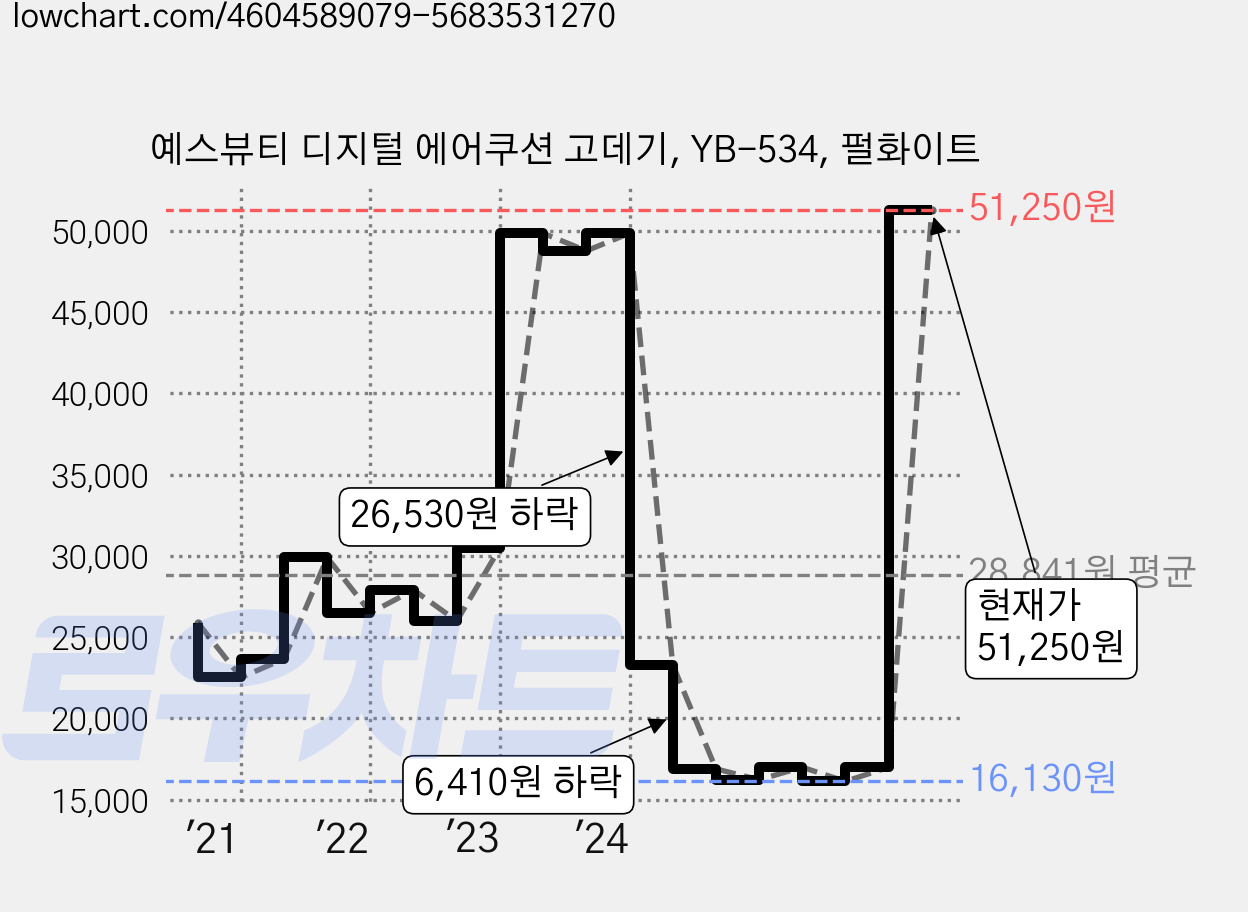 예스뷰티 디지털 에어쿠션 고데기, YB-534, 펄화이트 가격 변동 차트, 현재가 51,250원, 관측 최저가 16,130원