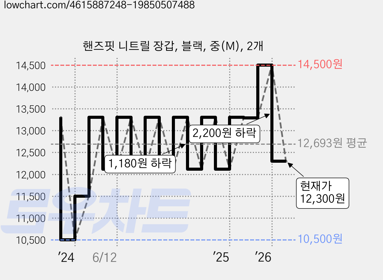 핸즈핏 니트릴 장갑, 블랙, 중(M), 2개 가격 변동 차트, 현재가 12,300원, 관측 최저가 10,500원