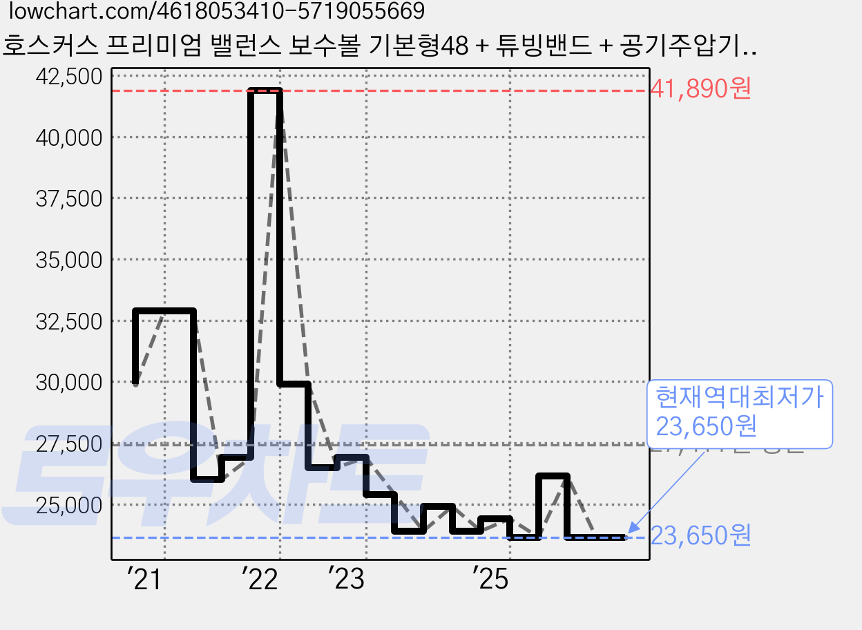 호스커스 프리미엄 밸런스 보수볼 기본형48 + 튜빙밴드 + 공기주압기, 그레이 가격 변동 차트, 현재가 23,650원, 역대최저가