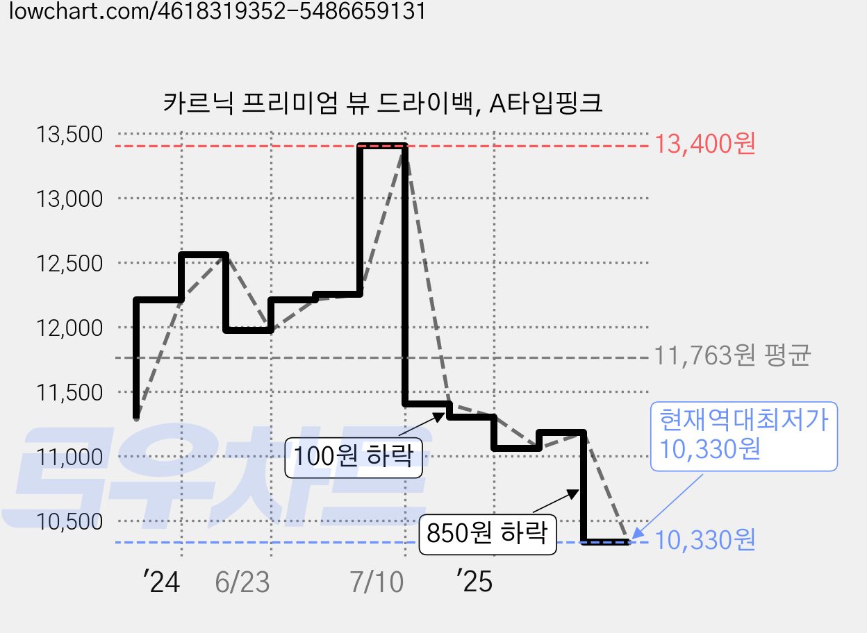 카르닉 프리미엄 뷰 드라이백, A타입핑크 가격 변동 차트, 현재가 10,330원, 역대최저가