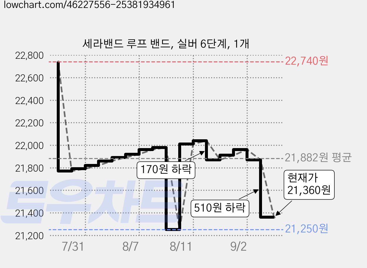 세라밴드 루프 밴드, 실버 6단계, 1개 가격 변동 차트, 현재가 21,360원, 관측 최저가 21,250원