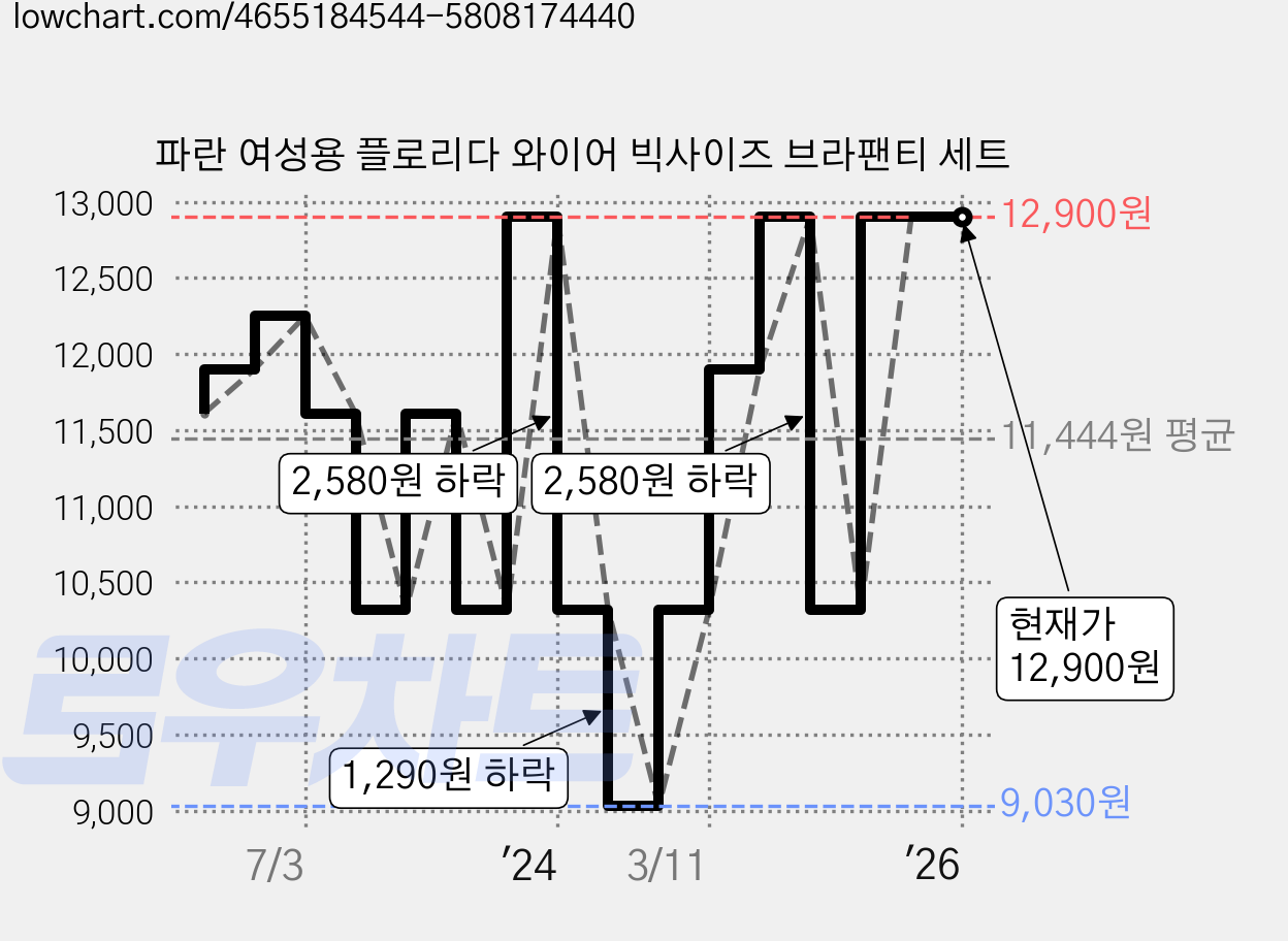 파란 여성용 플로리다 와이어 빅사이즈 브라팬티 세트 가격 변동 차트, 현재가 12,900원, 역대최저가
