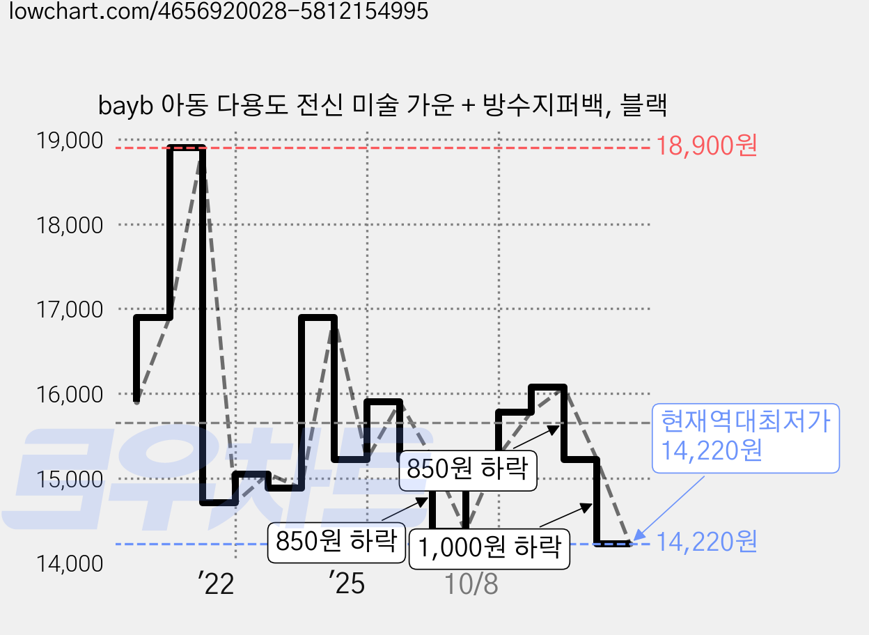 bayb 아동 다용도 전신 미술 가운 + 방수지퍼백, 블랙 가격 변동 차트, 현재가 14,220원, 역대최저가