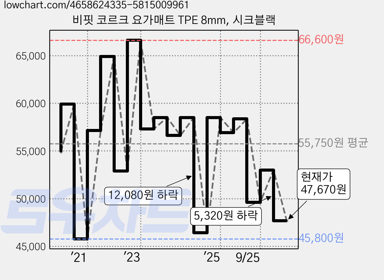 비핏 코르크 요가매트 TPE 8mm, 시크블랙 가격 변동 차트, 현재가 47,670원, 관측 최저가 44,900원
