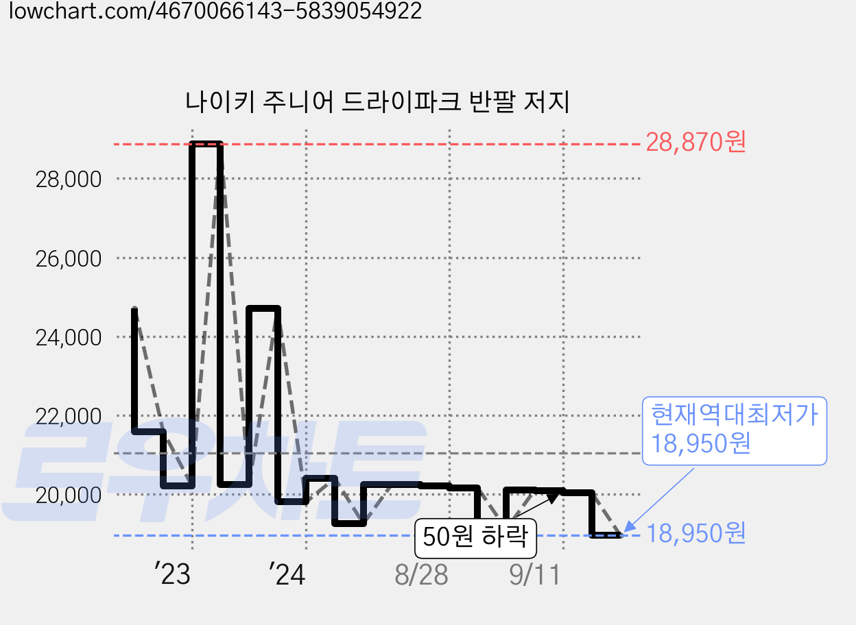 나이키 주니어 드라이파크 반팔 저지 가격 변동 차트, 현재가 18,950원, 역대최저가