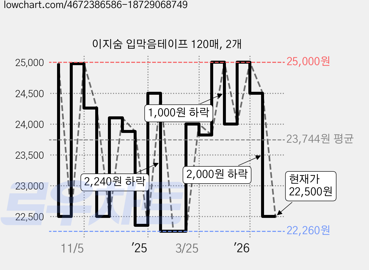 이지숨 입막음테이프 120매, 2개 가격 변동 차트, 현재가 22,500원, 관측 최저가 22,000원