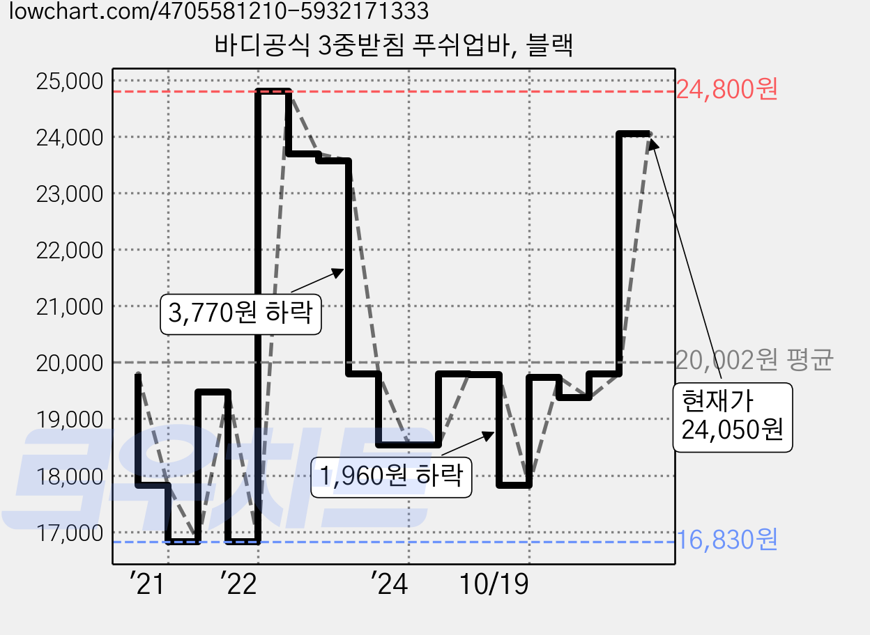바디공식 3중받침 푸쉬업바, 블랙 가격 변동 차트, 현재가 24,050원, 관측 최저가 16,830원