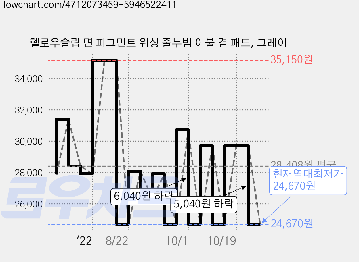 혤로우슬립 면 피그먼트 워싱 줄누빔 이불 겸 패드, 그레이 가격 변동 차트, 현재가 24,670원, 역대최저가