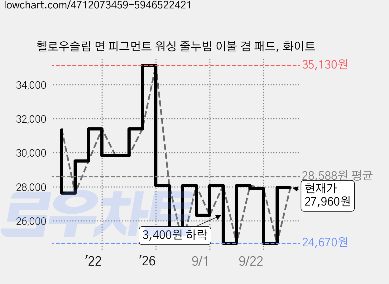 혤로우슬립 면 피그먼트 워싱 줄누빔 이불 겸 패드, 화이트 가격 변동 차트, 현재가 27,960원, 관측 최저가 24,670원