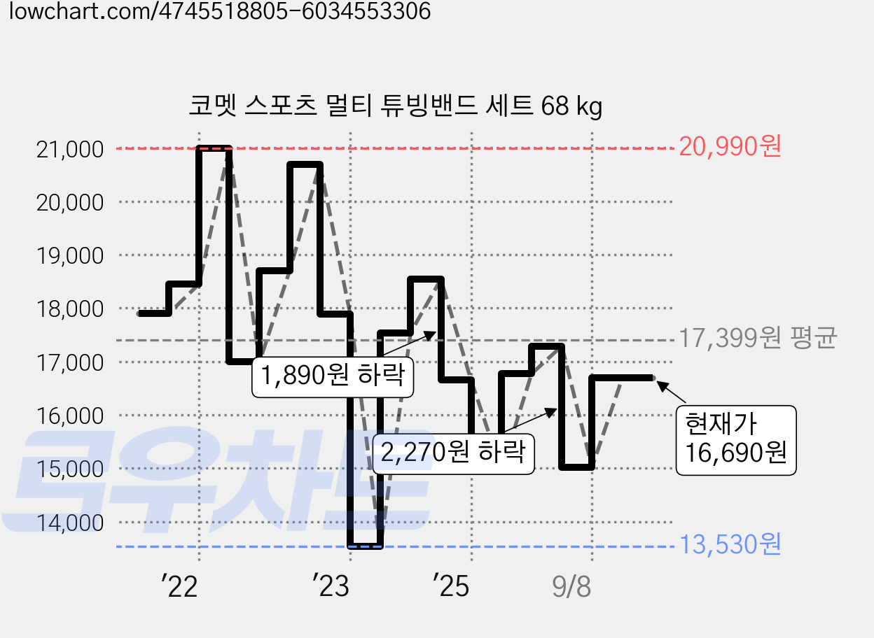 코멧 스포츠 멀티 튜빙밴드 세트 68 kg 가격 변동 차트, 현재가 16,690원, 관측 최저가 13,530원