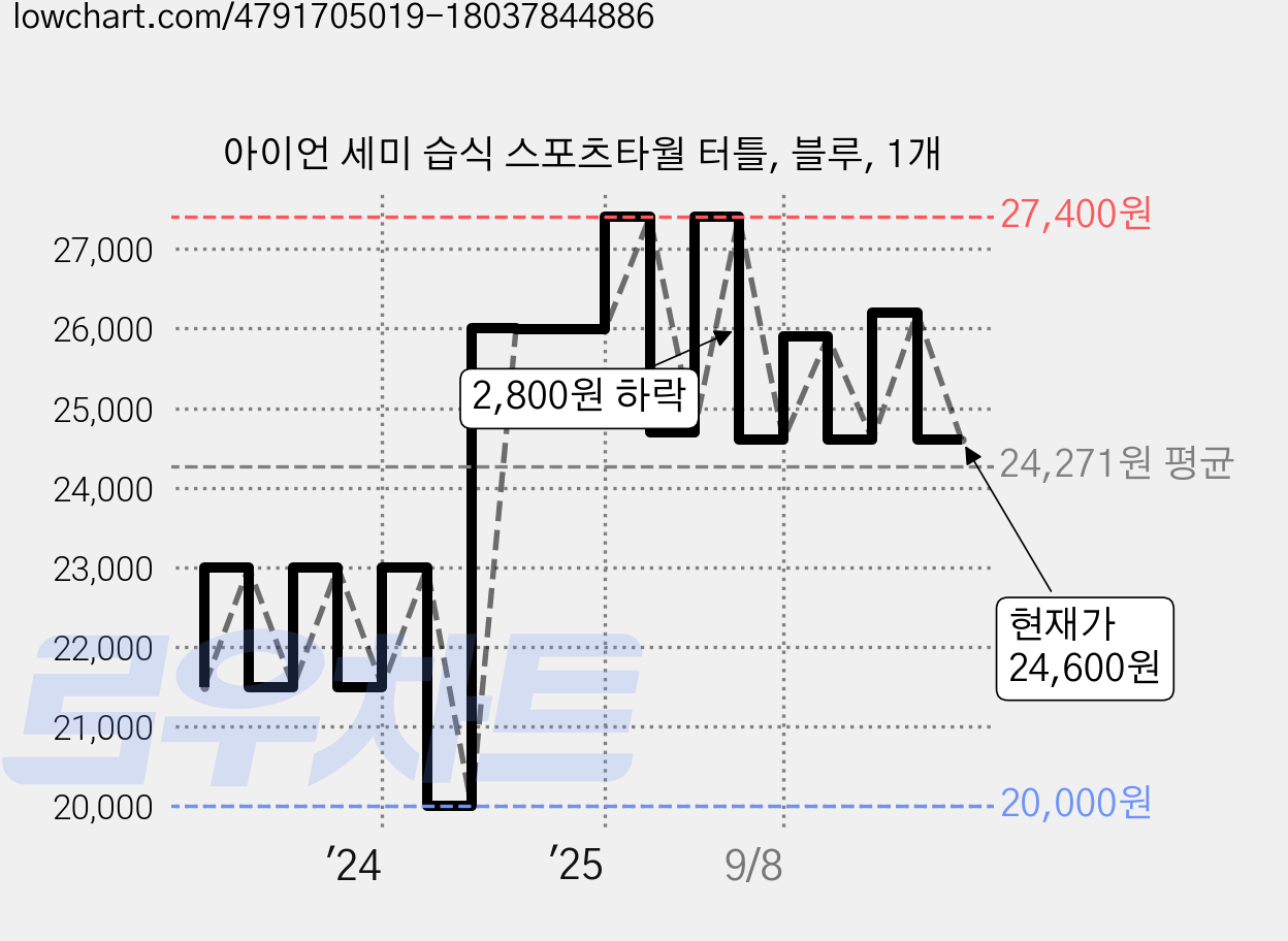 아이언 세미 습식 스포츠타월 터틀, 블루, 1개 가격 변동 차트, 현재가 24,600원, 관측 최저가 20,000원