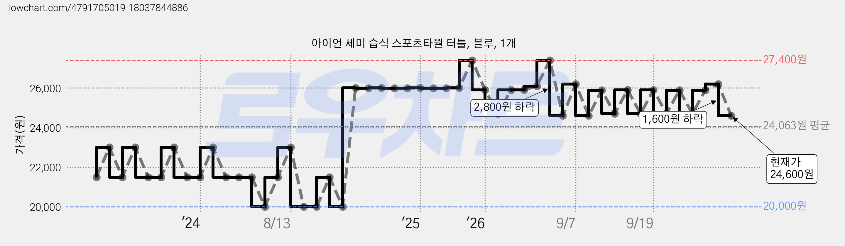 아이언 세미 습식 스포츠타월 터틀, 블루, 1개 가격 변동 차트, 현재가 24,600원, 관측 최저가 20,000원