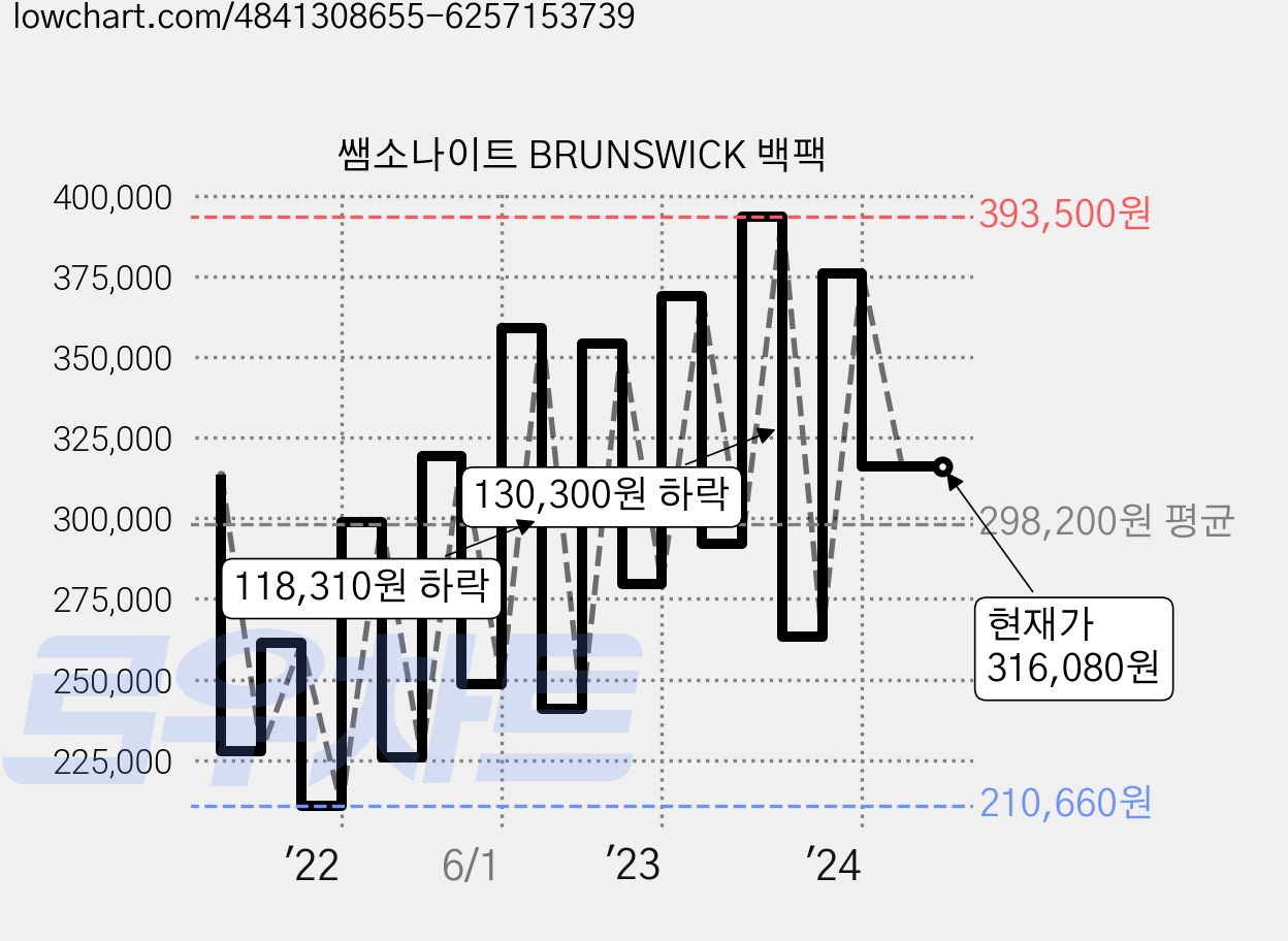 쌤소나이트 BRUNSWICK 백팩 가격 변동 차트, 현재가 316,080원, 역대최저가