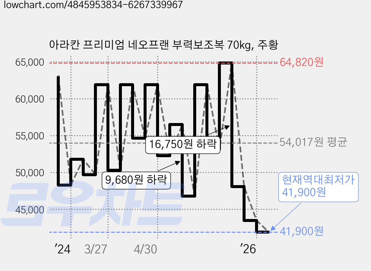 아라칸 프리미엄 네오프랜 부력보조복 70kg, 주황 가격 변동 차트, 현재가 41,900원, 역대최저가