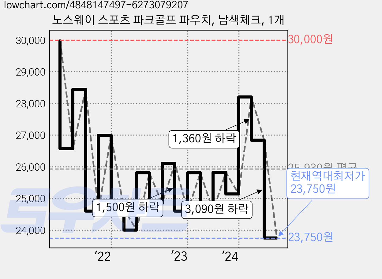 노스웨이 스포츠 파크골프 파우치, 남색체크, 1개 가격 변동 차트, 현재가 23,750원, 역대최저가