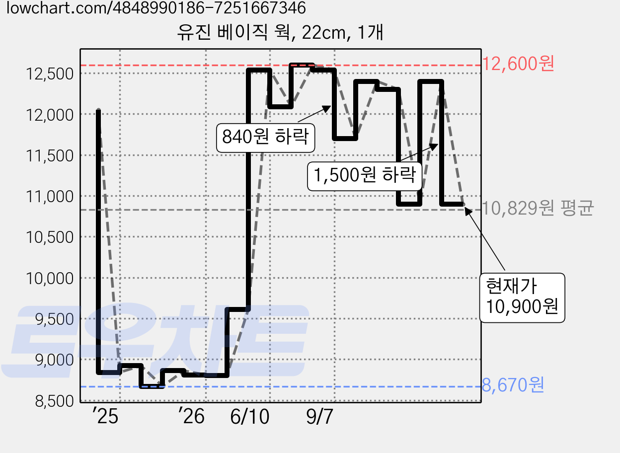 유진 베이직 웍, 22cm, 1개 가격 변동 차트, 현재가 10,900원, 관측 최저가 8,670원