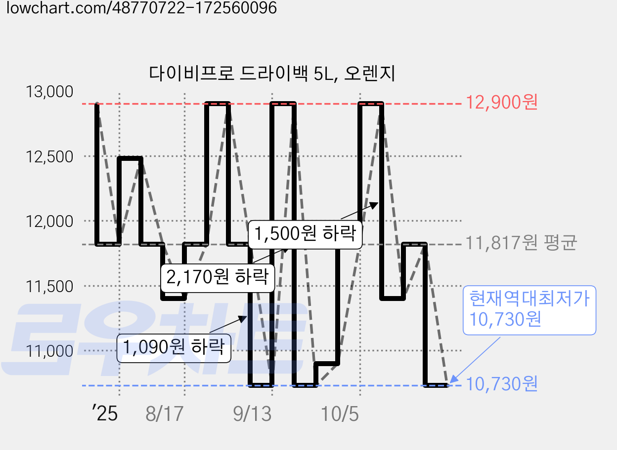 다이비프로 드라이백 5L, 오렌지 가격 변동 차트, 현재가 10,730원, 역대최저가