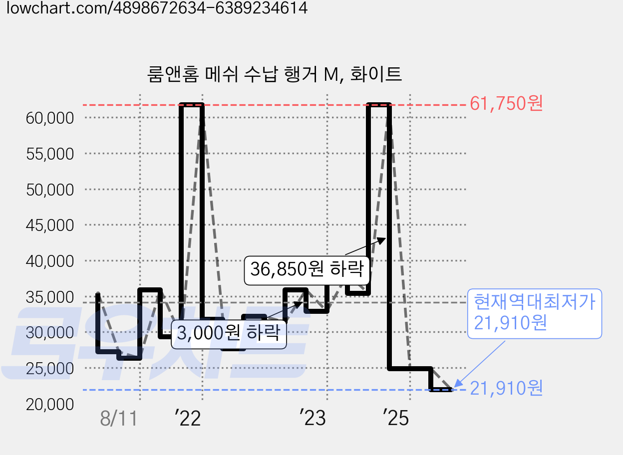 룸앤홈 메쉬 수납 행거 M, 화이트 가격 변동 차트, 현재가 21,910원, 역대최저가