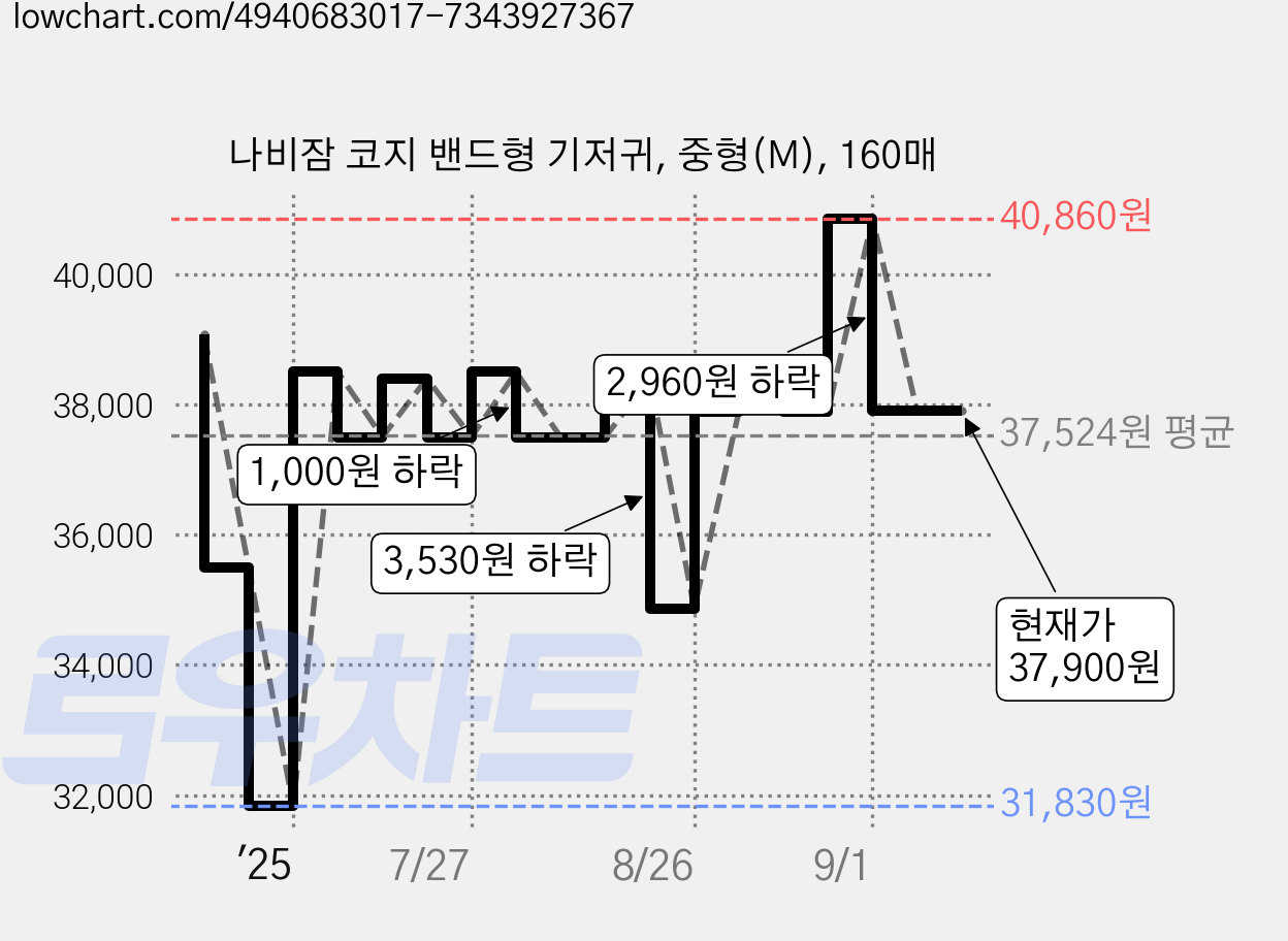 나비잠 코지 밴드형 기저귀, 중형(M), 160매 가격 변동 차트, 현재가 37,900원, 관측 최저가 31,830원
