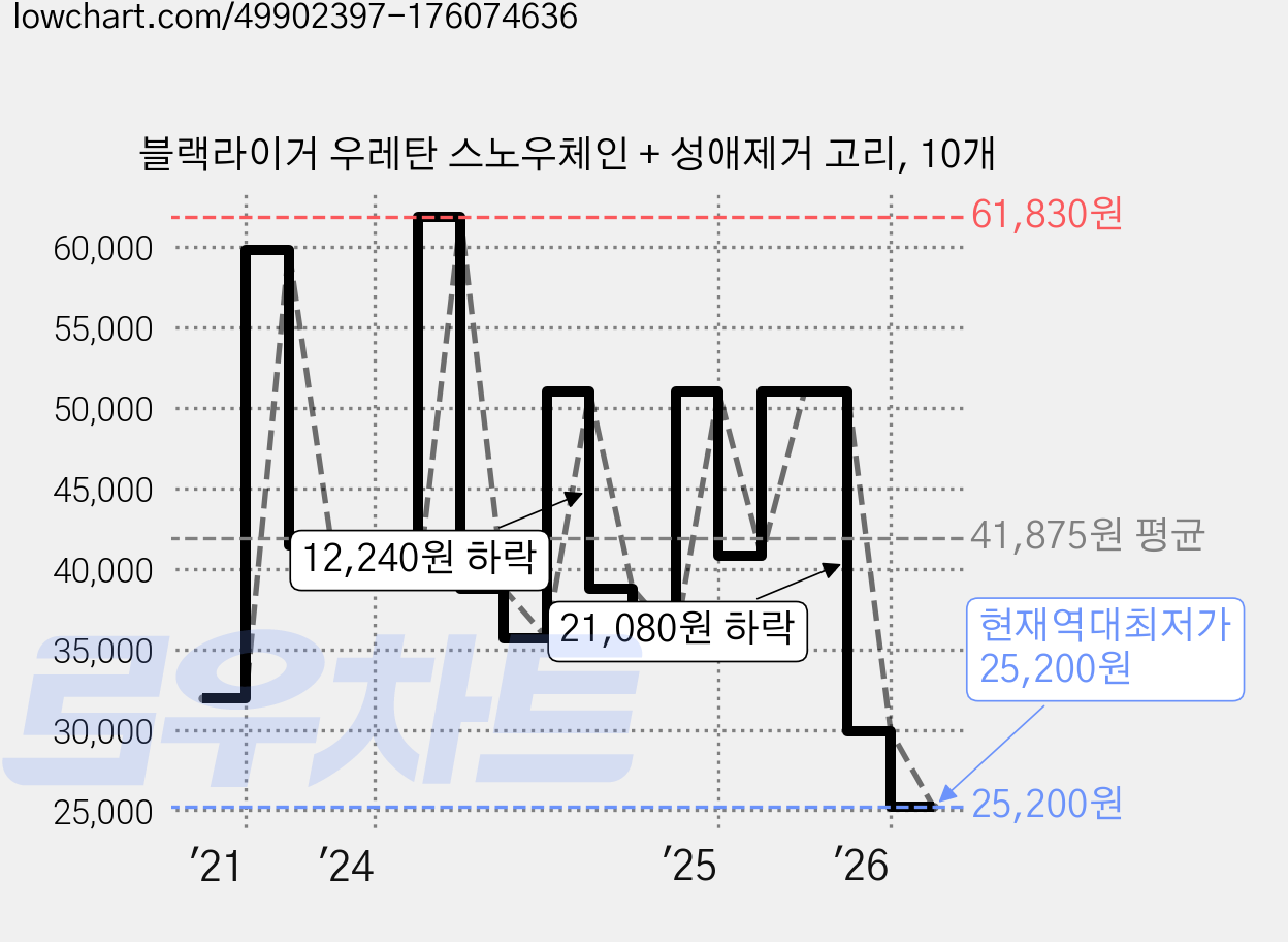 블랙라이거 우레탄 스노우체인 + 성애제거 고리, 10개 가격 변동 차트, 현재가 25,200원, 역대최저가