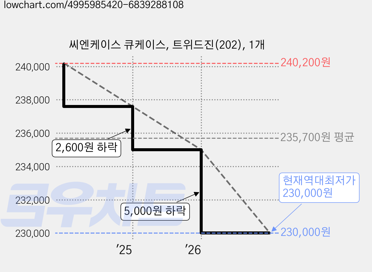씨엔케이스 큐케이스, 트위드진(202), 1개 가격 변동 차트, 현재가 230,000원, 역대최저가