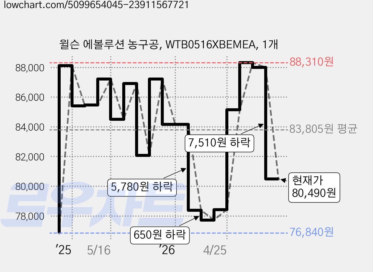 윌슨 에볼루션 농구공, WTB0516XBEMEA, 1개 가격 변동 차트, 현재가 80,490원, 관측 최저가 76,740원