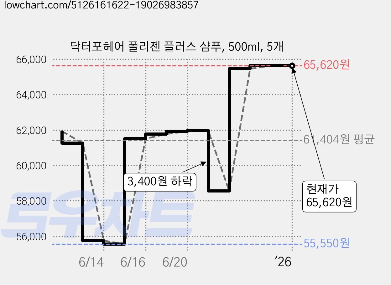 닥터포헤어 폴리젠 플러스 샴푸, 500ml, 5개 가격 변동 차트, 현재가 65,620원, 역대최저가