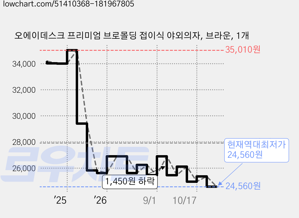 오에이데스크 프리미엄 브로몰딩 접이식 야외의자, 브라운, 1개 가격 변동 차트, 현재가 24,560원, 역대최저가