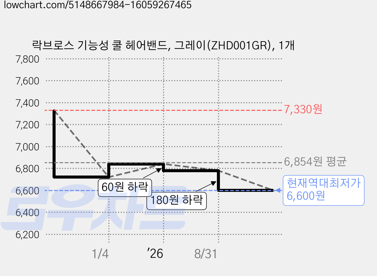 락브로스 기능성 쿨 헤어밴드, 그레이(ZHD001GR), 1개 가격 변동 차트, 현재가 6,600원, 역대최저가