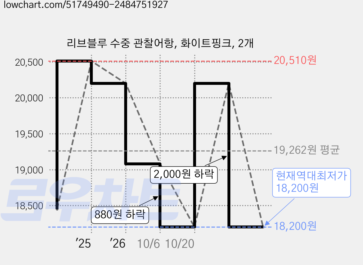 리브블루 수중 관찰어항, 화이트핑크, 2개 가격 변동 차트, 현재가 18,200원, 역대최저가