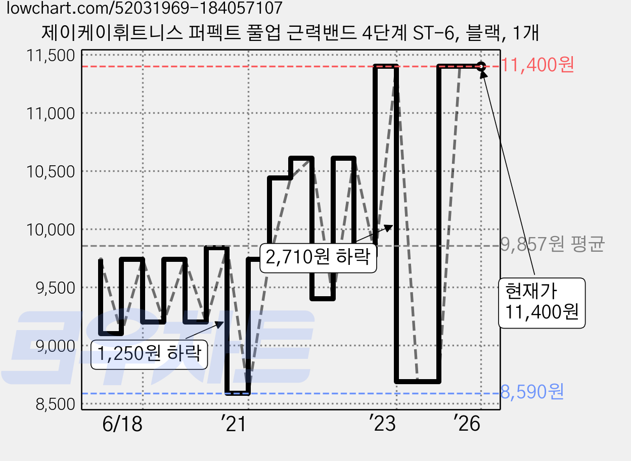 제이케이휘트니스 퍼펙트 풀업 근력밴드 4단계 ST-6, 블랙, 1개 가격 변동 차트, 현재가 11,400원, 역대최저가