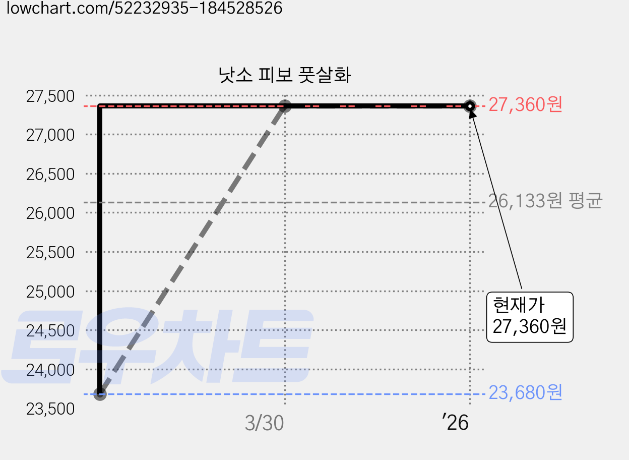 낫소 피보 풋살화 가격 변동 차트, 현재가 27,360원, 역대최저가
