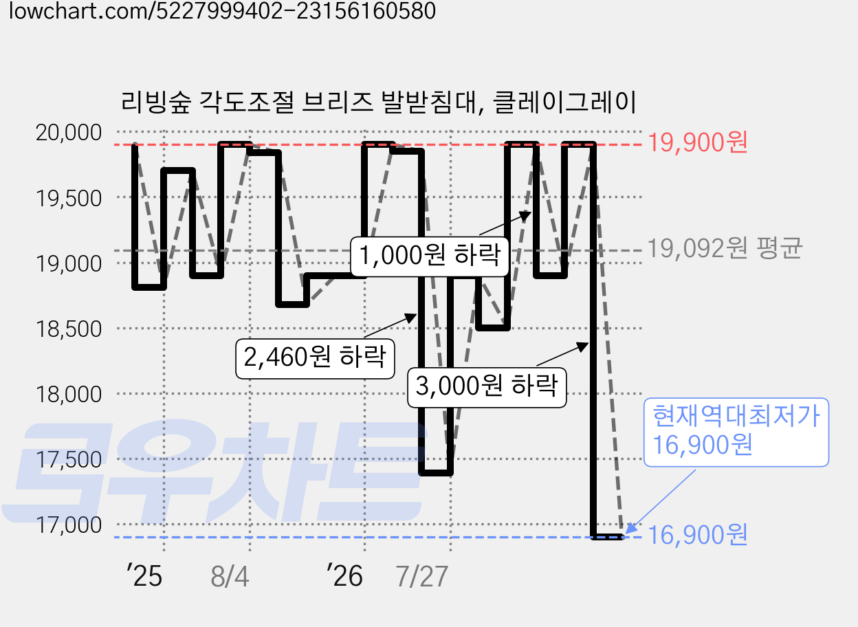 리빙숲 각도조절 브리즈 발받침대, 클레이그레이 가격 변동 차트, 현재가 16,900원, 역대최저가