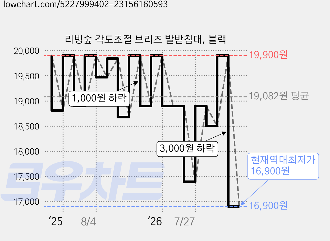리빙숲 각도조절 브리즈 발받침대, 블랙 가격 변동 차트, 현재가 16,900원, 역대최저가
