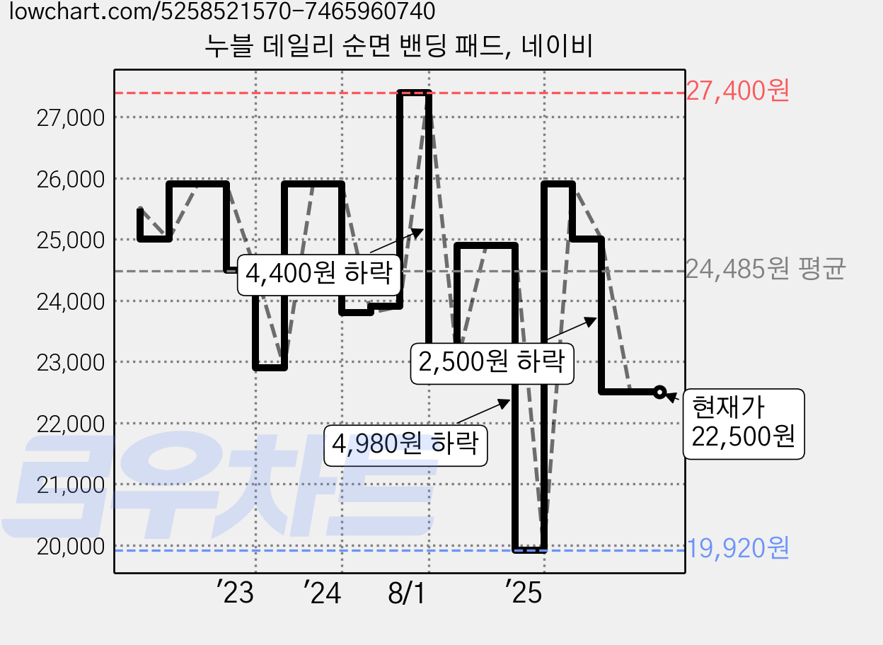 누블 데일리 순면 밴딩 패드, 네이비 가격 변동 차트, 현재가 22,500원, 관측 최저가 19,920원