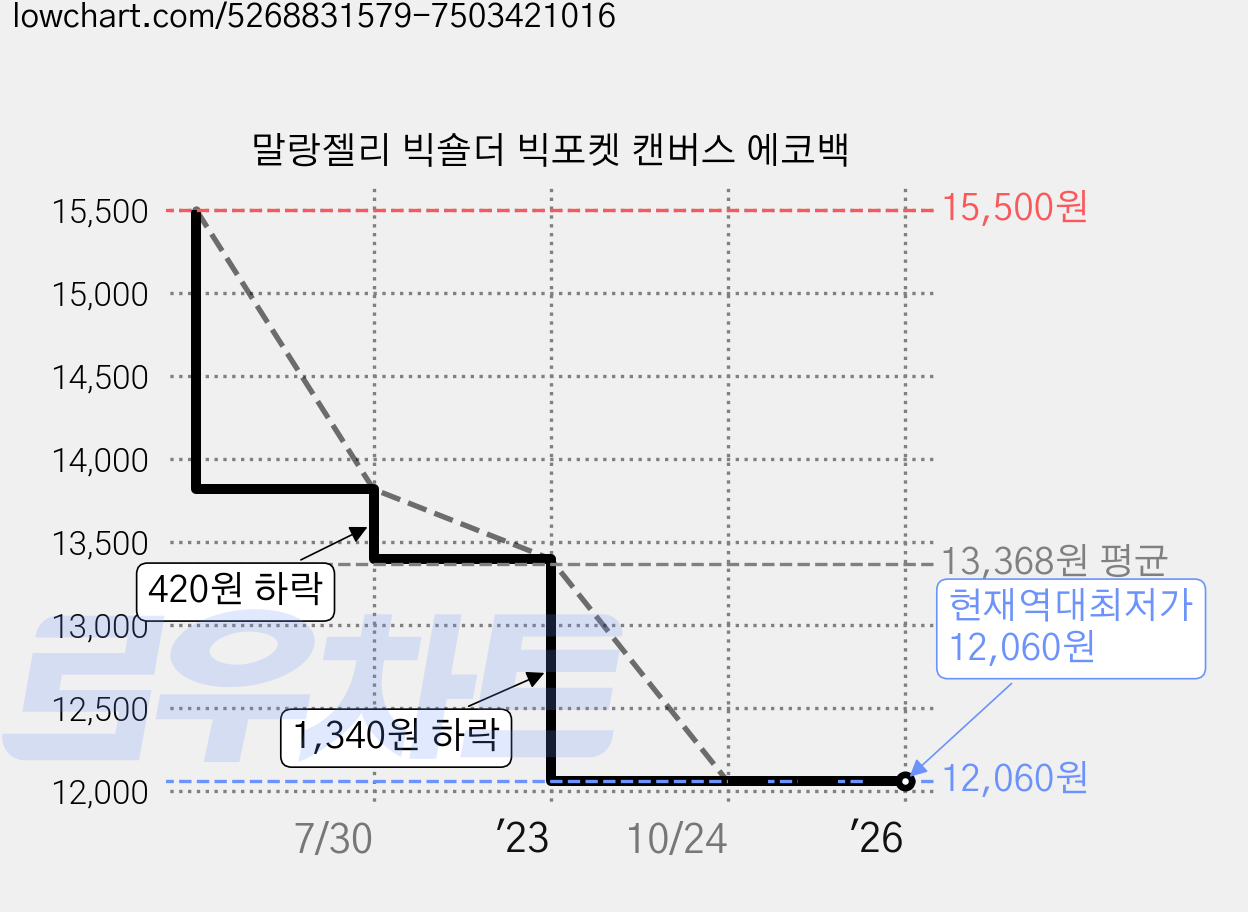 말랑젤리 빅숄더 빅포켓 캔버스 에코백 가격 변동 차트, 현재가 12,060원, 역대최저가