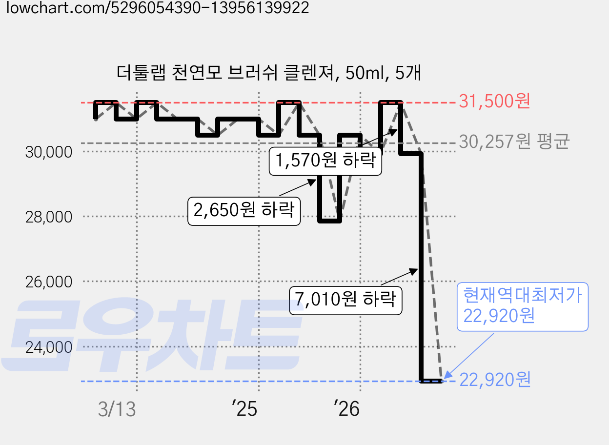 더툴랩 천연모 브러쉬 클렌져, 50ml, 5개 가격 변동 차트, 현재가 22,920원, 역대최저가
