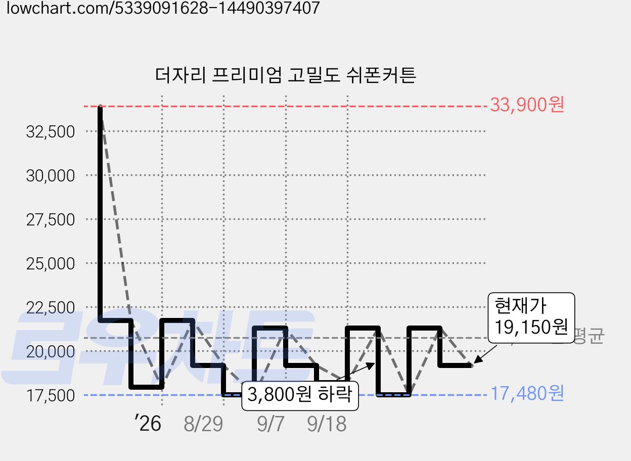 더자리 프리미엄 고밀도 쉬폰커튼 가격 변동 차트, 현재가 19,150원, 관측 최저가 17,480원