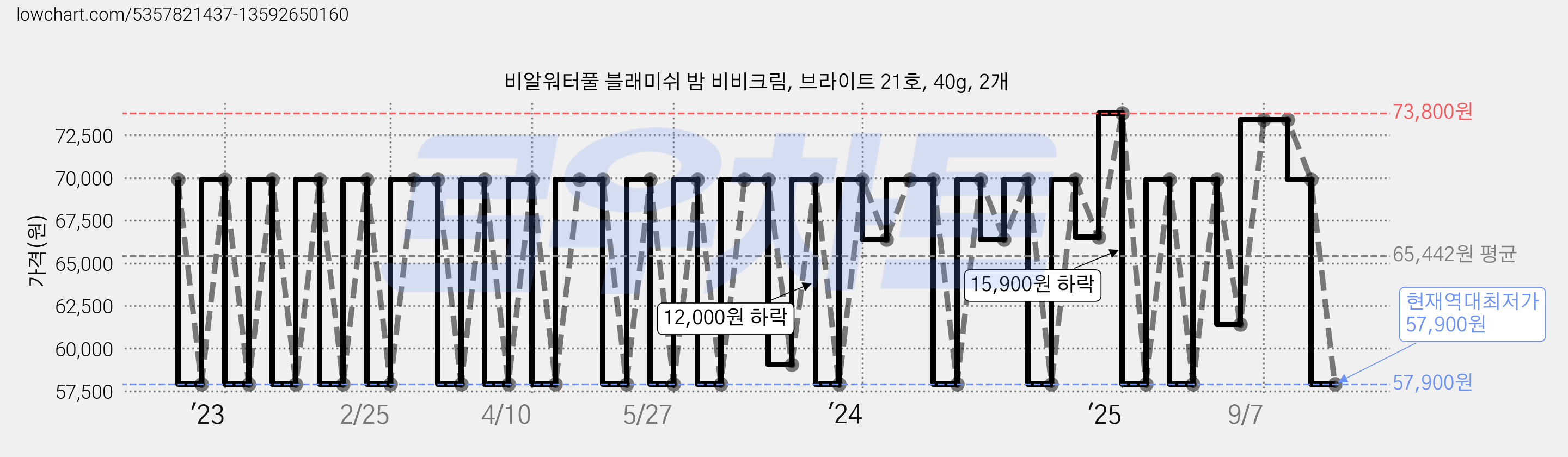비알워터풀 블래미쉬 밤 비비크림, 브라이트 21호, 40g, 2개 가격 변동 차트, 현재가 57,900원, 역대최저가